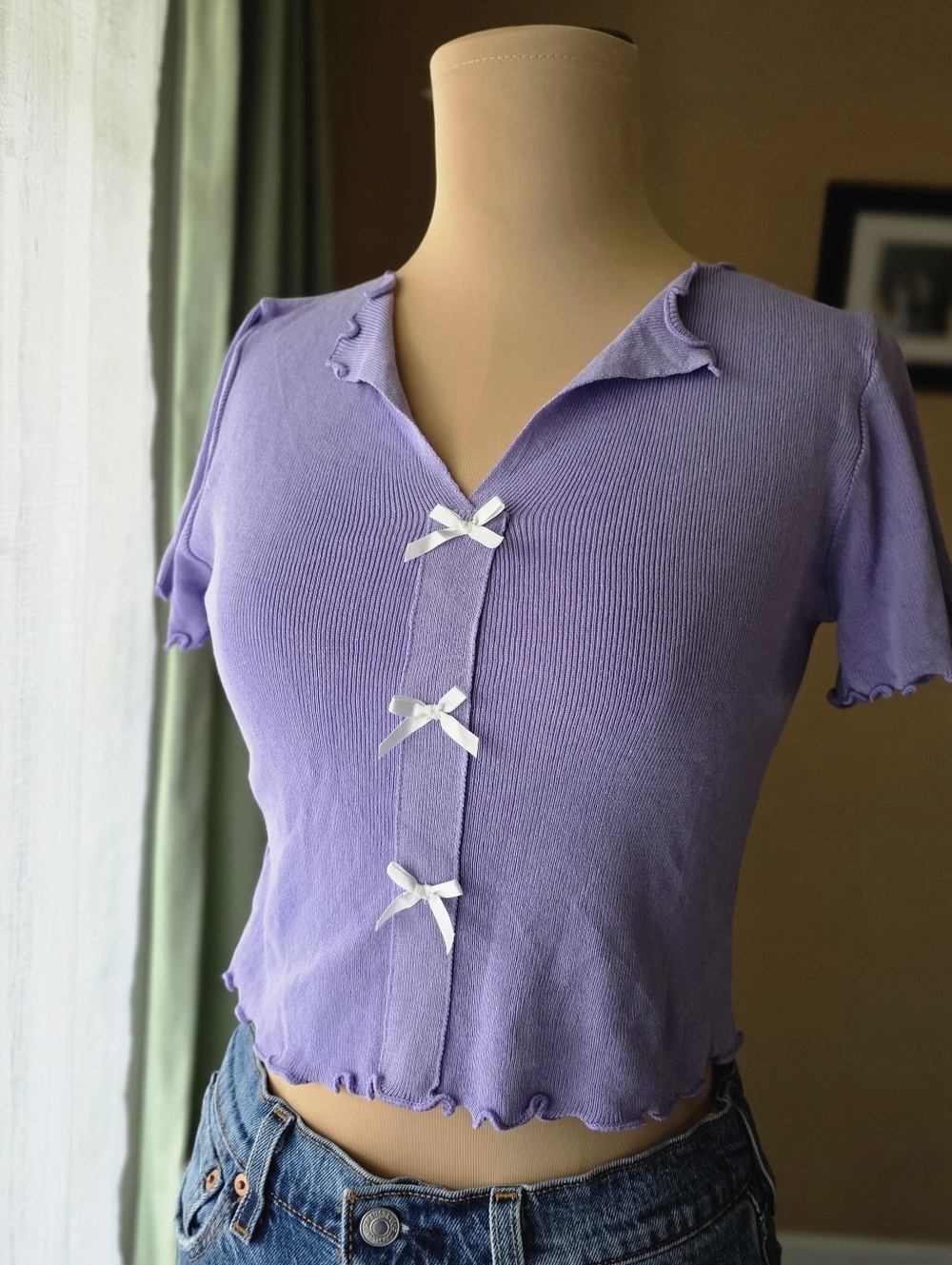 Lavender Bow Front Sweater Knit Crop Top Size S with Lettuce Trim Detail